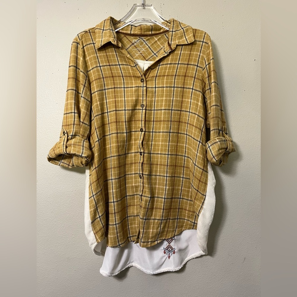Kyla Seo Embroidered Velvet Back Gold Plaid L Boho Western Prairie Cottagecore - Picture 2 of 9